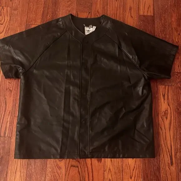 Adidas Originals Faux Leather Baseball Jersey Men's Large Black Snap Down 2024 - Picture 15 of 16